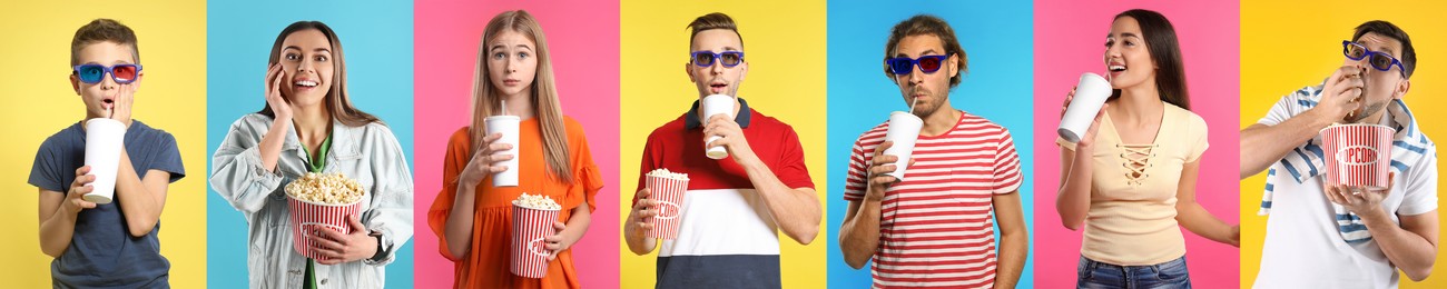 Image of Visiting cinema. Different people with buckets of popcorn on colorful backgrounds, collage of portraits