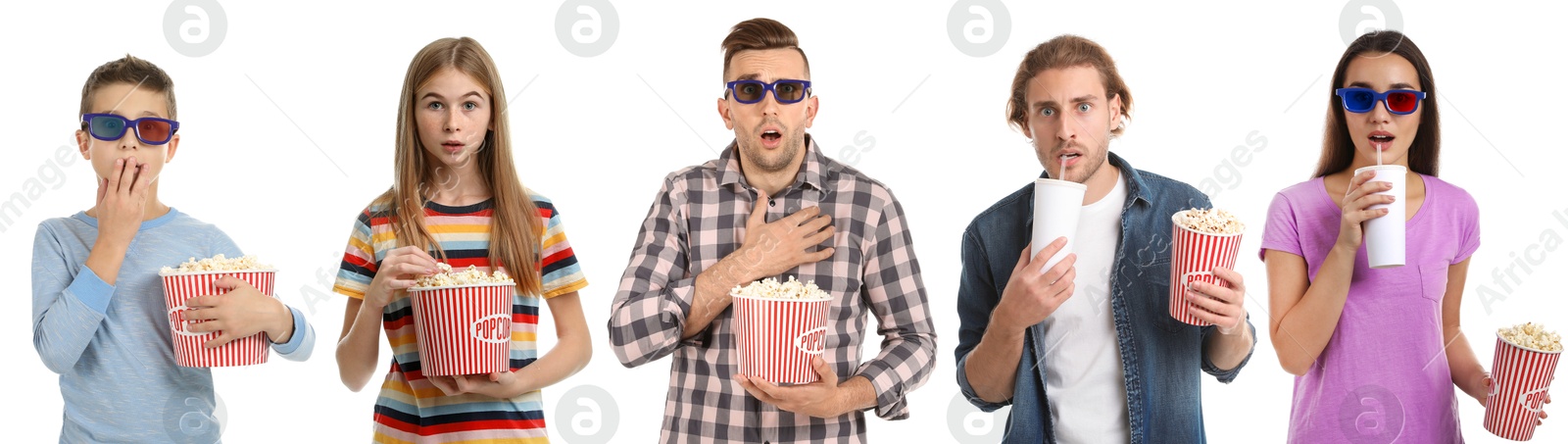 Image of Visiting cinema. Different people with buckets of popcorn on white background, collage of portraits