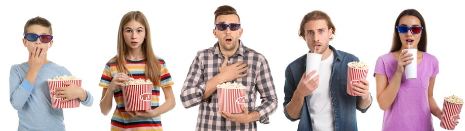 Image of Visiting cinema. Different people with buckets of popcorn on white background, collage of portraits