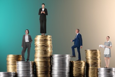 Image of People of various professions standing on different stacks of coins according to their salaries against color background. Concept of rich, wealth