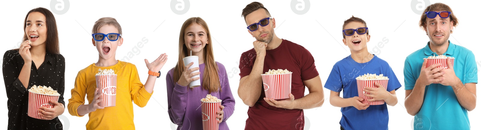 Image of Visiting cinema. Different people with buckets of popcorn on white background, collage of portraits
