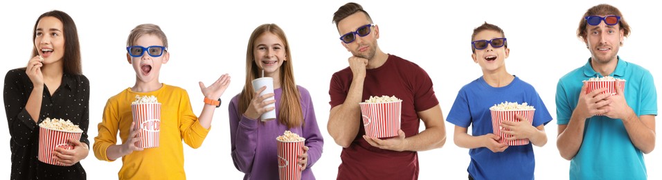 Image of Visiting cinema. Different people with buckets of popcorn on white background, collage of portraits