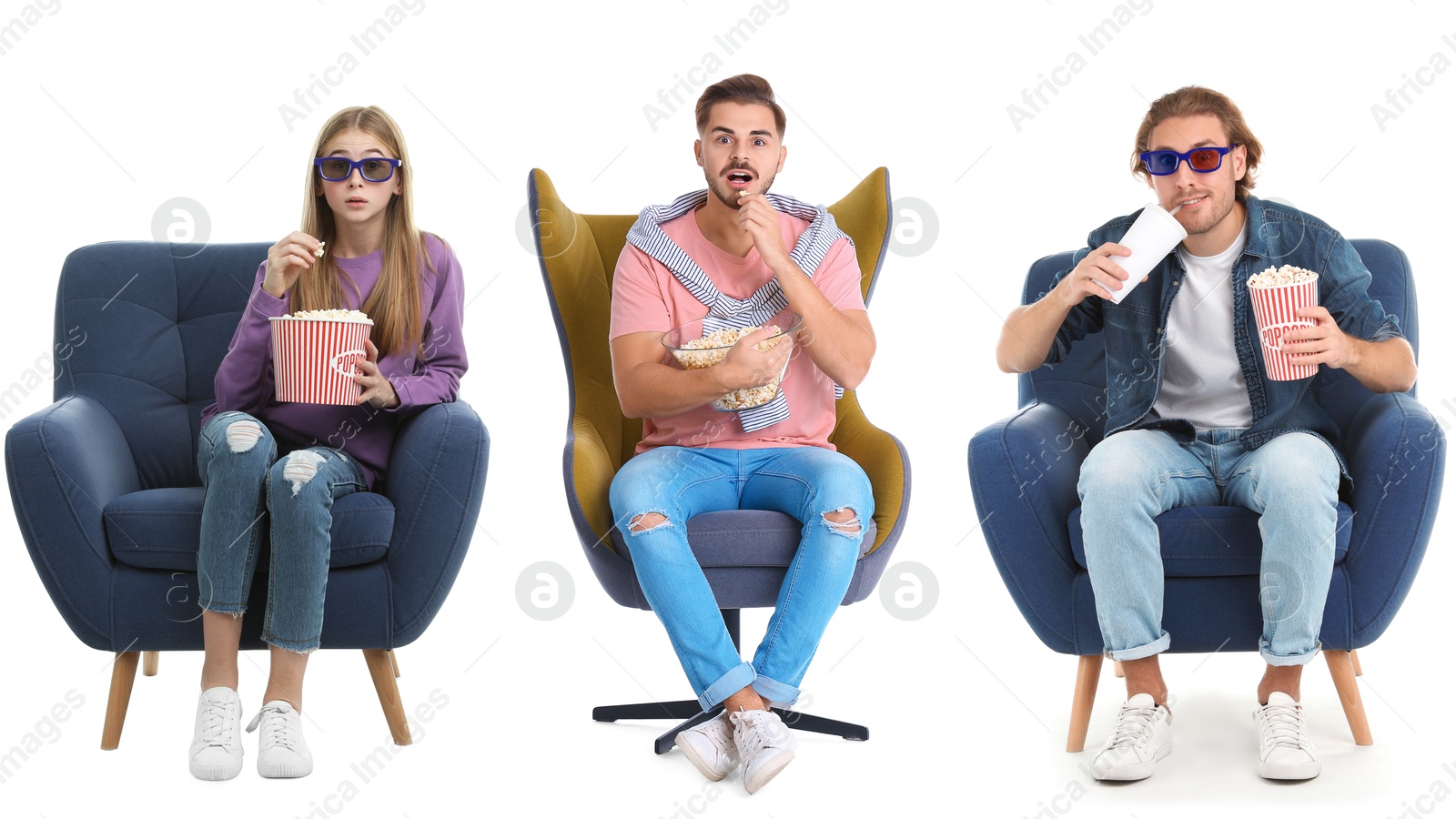 Image of Visiting cinema. Different people with buckets of popcorn on white background, collage of portraits
