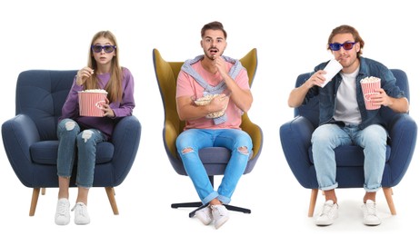 Image of Visiting cinema. Different people with buckets of popcorn on white background, collage of portraits
