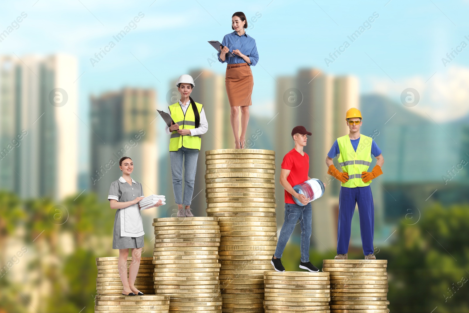 Image of People of various professions standing on different stacks of coins according to their salaries against blurred cityscape. Concept of rich, wealth