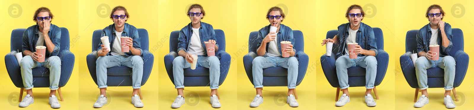 Image of Visiting cinema. Man with bucket of popcorn on yellow background, collage of portraits