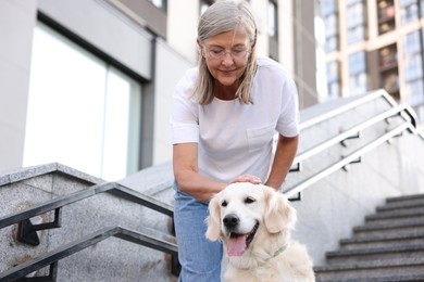 Photo of Senior woman with her adorable Golden Retriever dog on stairs outdoors, low angle view