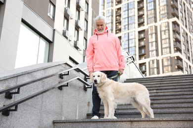 Photo of Elderly man with his adorable Golden Retriever dog on stairs outdoors, low angle view