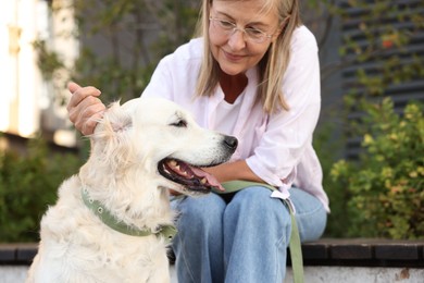 Photo of Senior woman with adorable Golden Retriever dog on bench outdoors