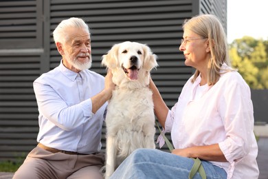 Photo of Happy senior couple with Golden Retriever dog outdoors