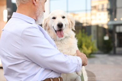 Photo of Elderly man with adorable Golden Retriever dog outdoors, closeup. Space for text
