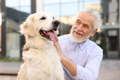 Photo of Smiling elderly man with adorable Golden Retriever dog outdoors