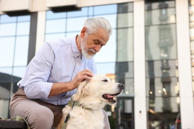 Photo of Elderly man with adorable Golden Retriever dog on bench outdoors, low angle view. Space for text