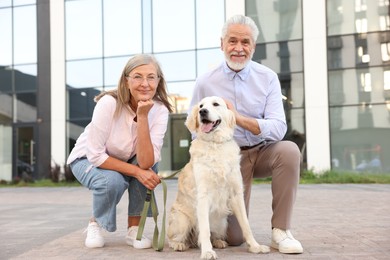 Photo of Happy senior couple with adorable Golden Retriever dog outdoors