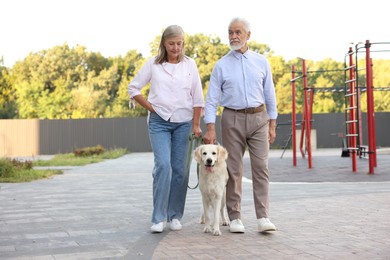 Photo of Senior couple walking with adorable Golden Retriever dog outdoors