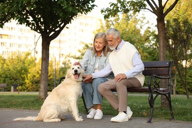 Photo of Senior couple with adorable Golden Retriever dog on bench outdoors