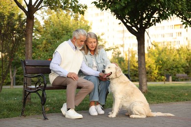 Photo of Senior couple with adorable Golden Retriever dog on bench outdoors