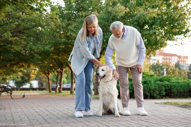 Photo of Senior couple with adorable Golden Retriever dog outdoors. Space for text