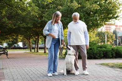 Photo of Senior couple with adorable Golden Retriever dog outdoors. Space for text