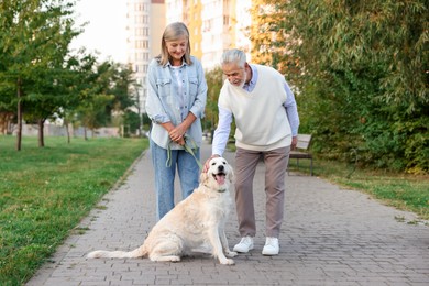 Photo of Senior couple with adorable Golden Retriever dog outdoors