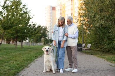 Photo of Senior couple with adorable Golden Retriever dog outdoors