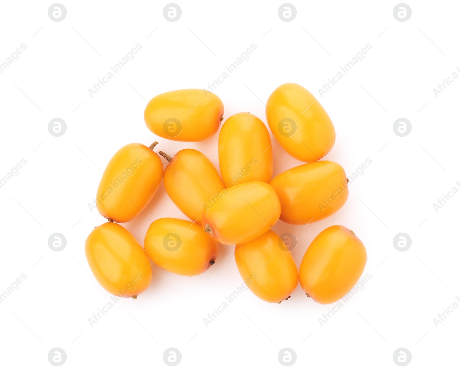 Photo of Fresh ripe sea buckthorn berries isolated on white, top view