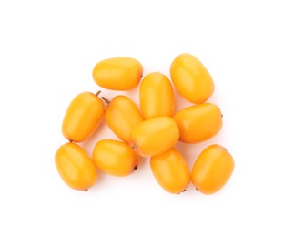 Photo of Fresh ripe sea buckthorn berries isolated on white, top view