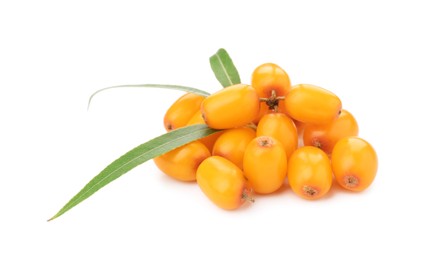 Photo of Fresh sea buckthorn berries and green leaves isolated on white