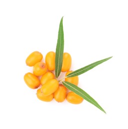 Photo of Fresh sea buckthorn berries and green leaves isolated on white, top view
