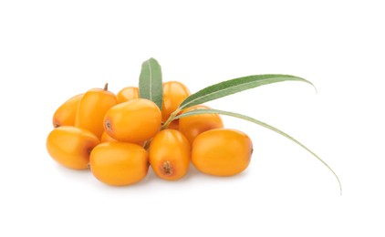 Photo of Fresh sea buckthorn berries and green leaves isolated on white