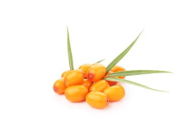Photo of Fresh sea buckthorn berries and green leaves isolated on white
