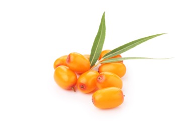 Photo of Fresh sea buckthorn berries and green leaves isolated on white