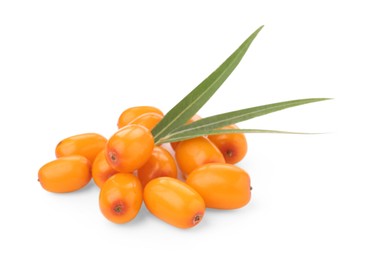 Photo of Fresh sea buckthorn berries and green leaves isolated on white