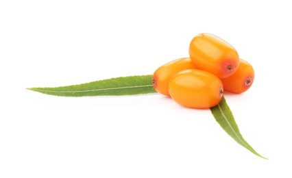 Photo of Fresh sea buckthorn berries and green leaves isolated on white