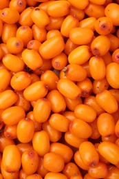 Photo of Fresh sea buckthorn berries as background, top view