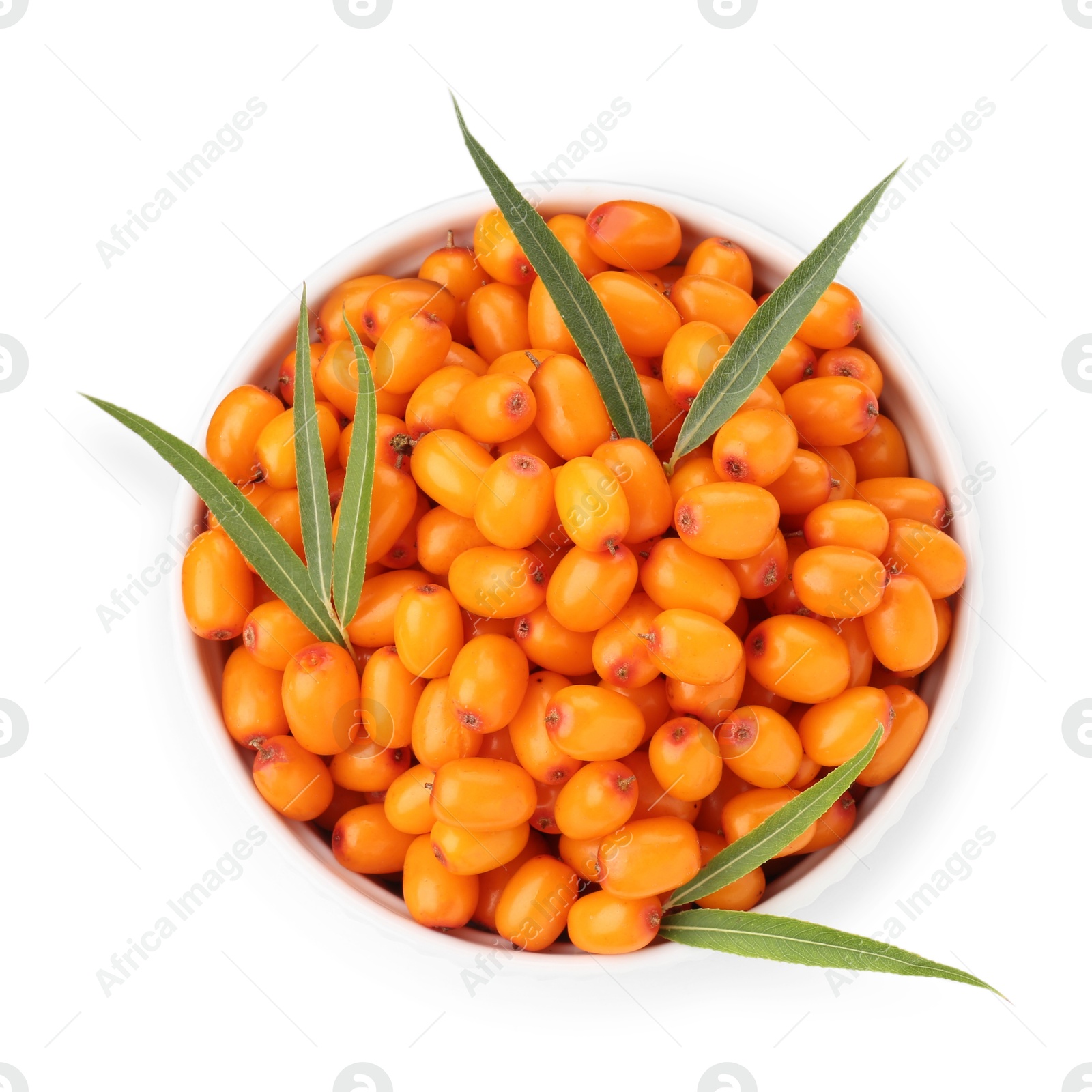 Fresh sea buckthorn berries with green leaves in bowl isolated on white, top view Photo of Fresh sea buckthorn berries with green leaves in bowl isolated on white, top view