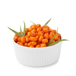 Photo of Fresh sea buckthorn berries with green leaves in bowl isolated on white