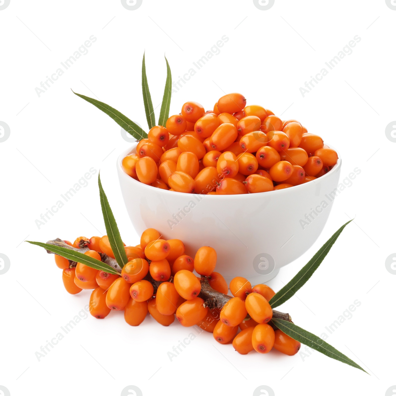 Photo of Fresh sea buckthorn berries with green leaves isolated on white