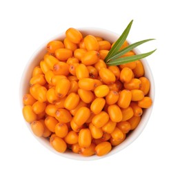 Photo of Fresh sea buckthorn berries with green leaves in bowl isolated on white, top view