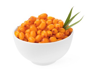 Photo of Fresh sea buckthorn berries with green leaves in bowl isolated on white
