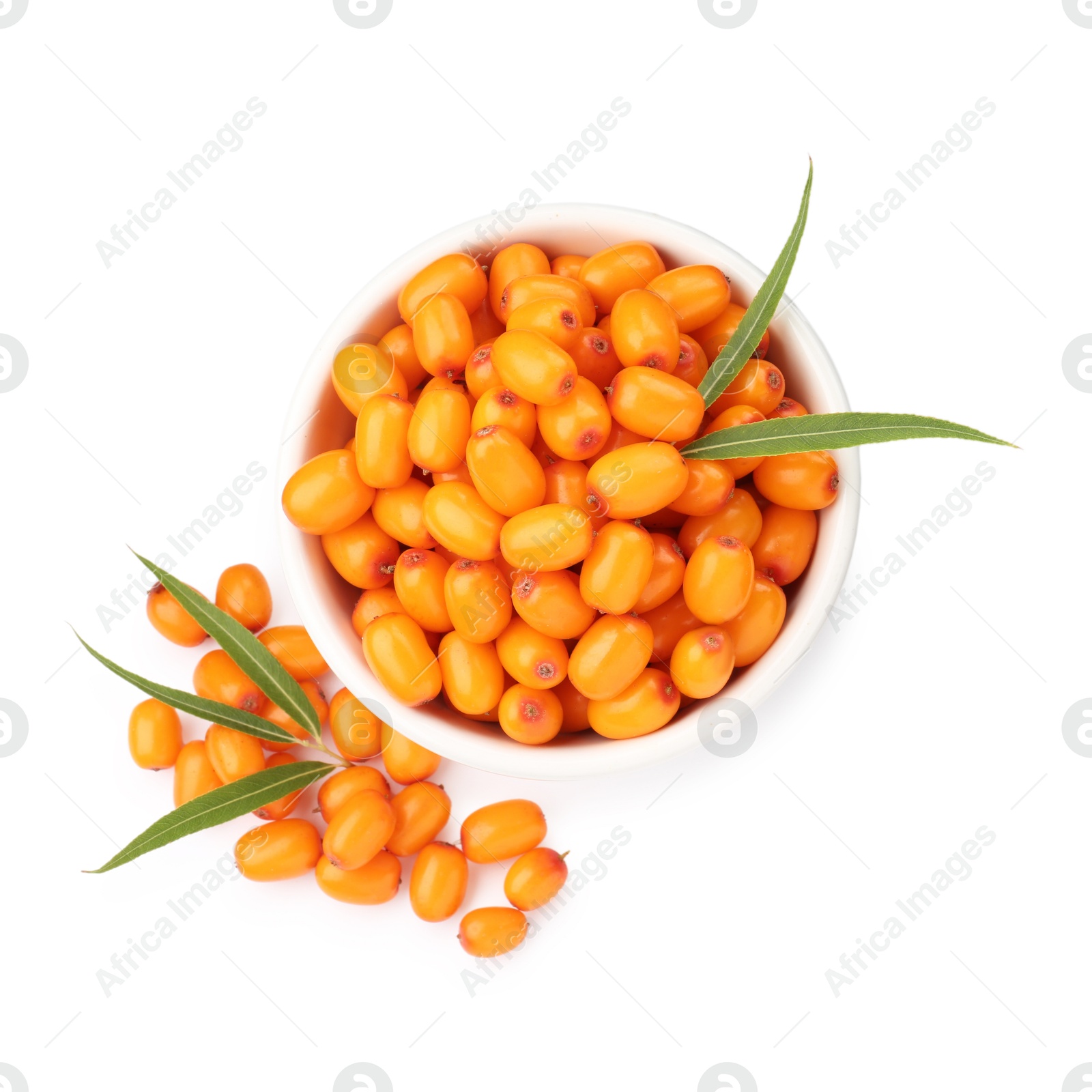 Photo of Fresh sea buckthorn berries with green leaves isolated on white, top view