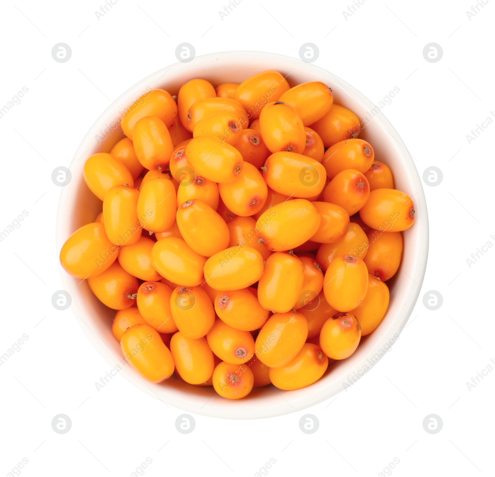 Photo of Fresh sea buckthorn berries in bowl isolated on white, top view