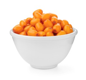 Photo of Fresh sea buckthorn berries in bowl isolated on white