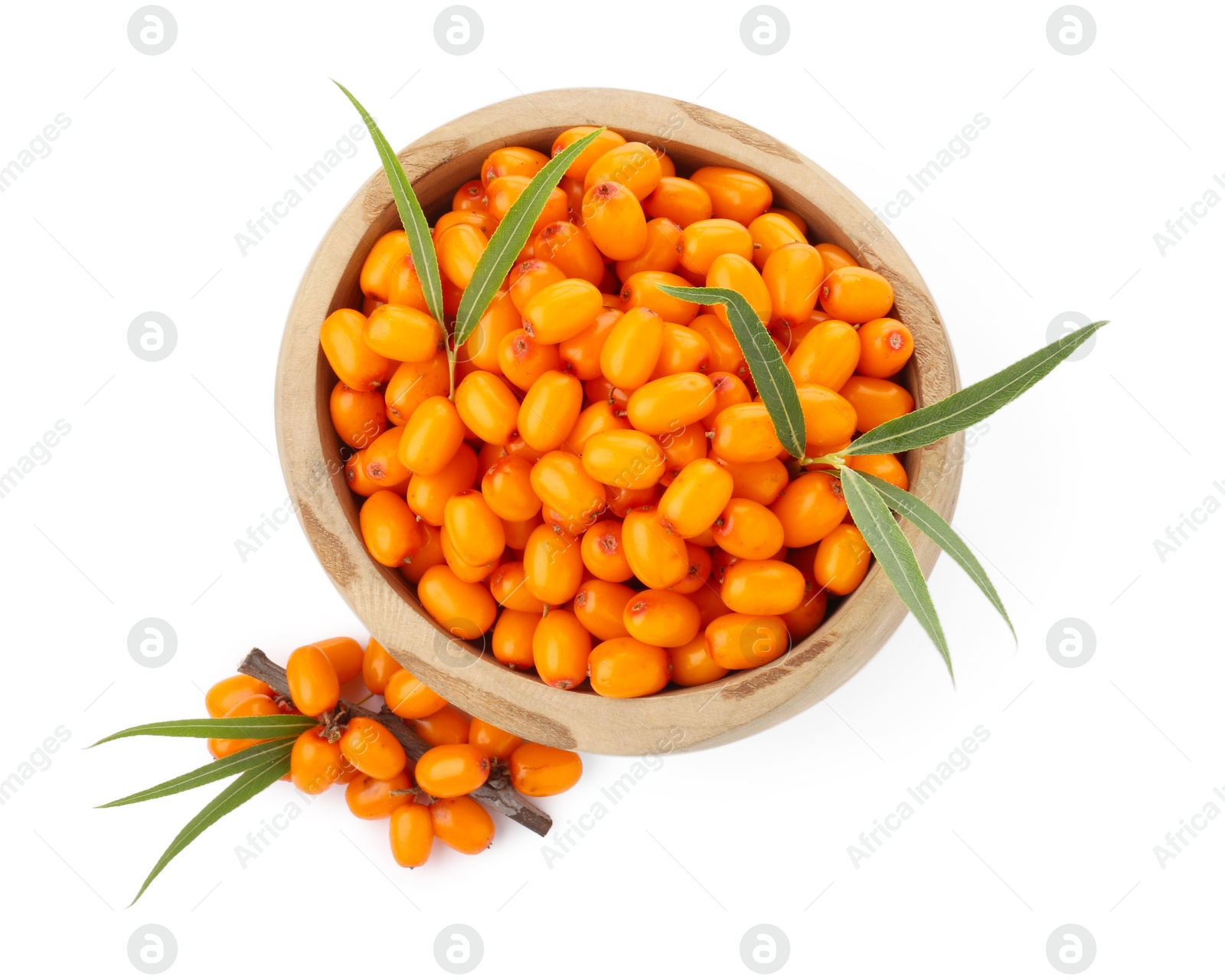 Photo of Fresh sea buckthorn berries with green leaves isolated on white, top view