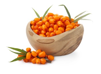 Photo of Fresh sea buckthorn berries with green leaves isolated on white