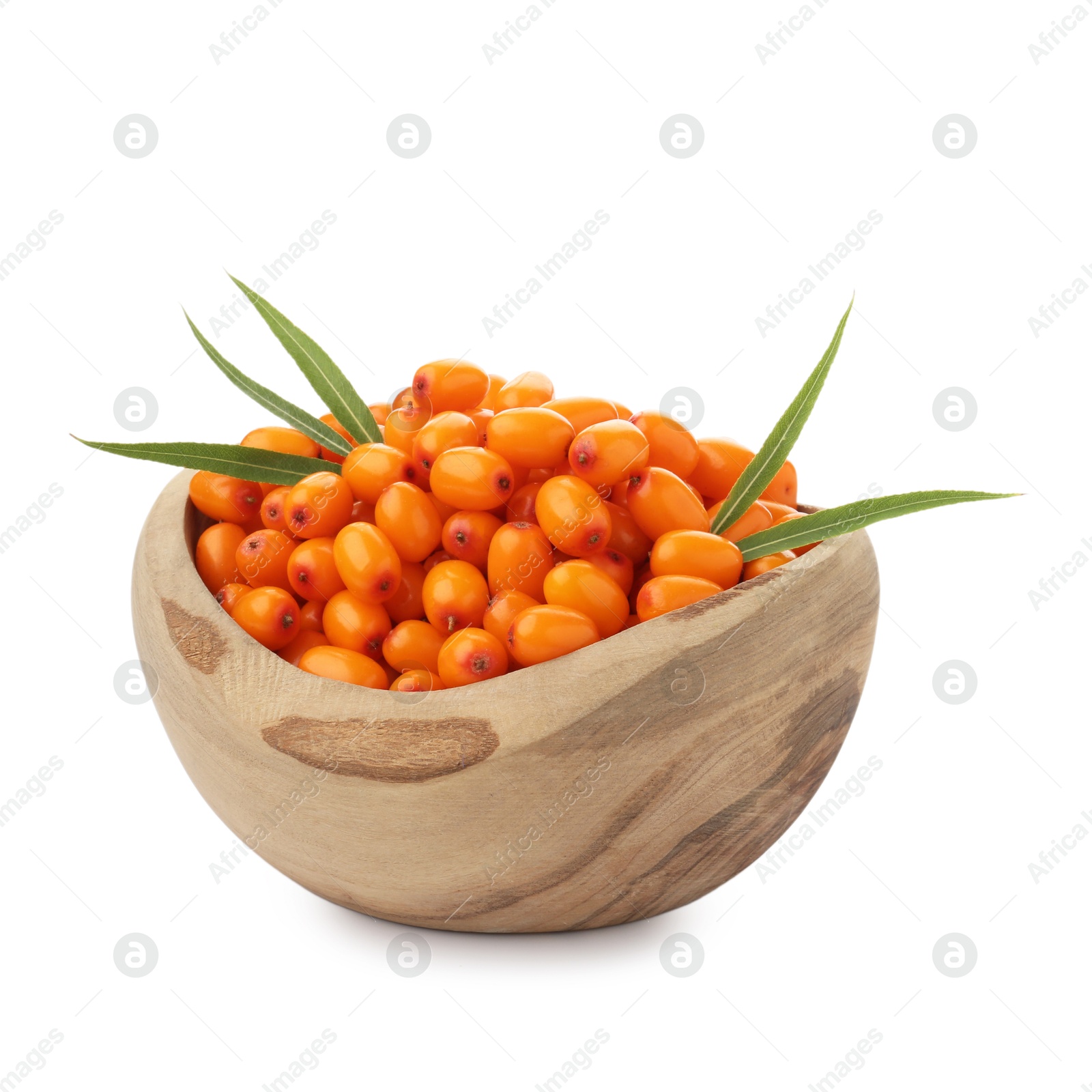 Photo of Fresh sea buckthorn berries with green leaves in bowl isolated on white