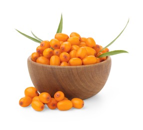 Photo of Fresh sea buckthorn berries with green leaves isolated on white