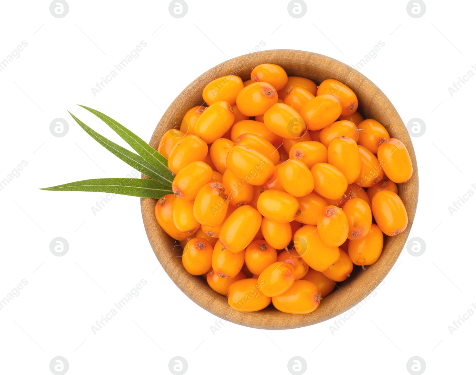 Photo of Fresh sea buckthorn berries with green leaves in bowl isolated on white, top view