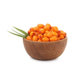 Photo of Fresh sea buckthorn berries with green leaves in bowl isolated on white