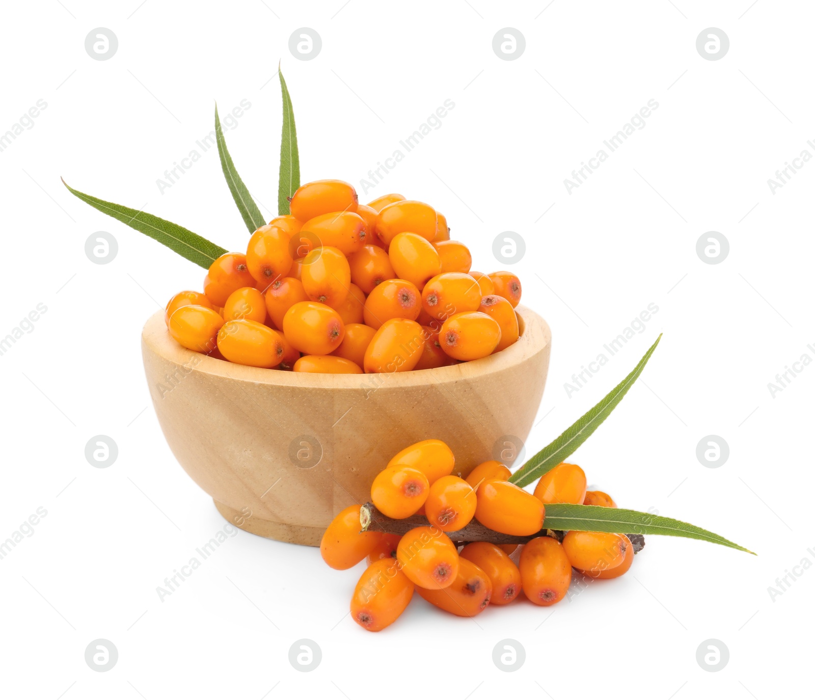 Photo of Fresh sea buckthorn berries with green leaves isolated on white